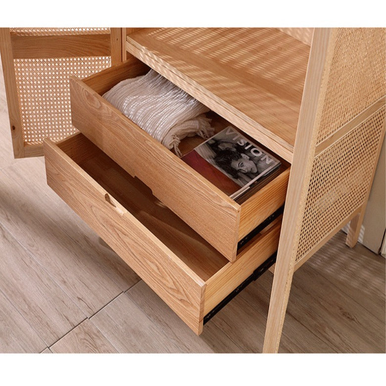 Solid wood rattan wardrobe simple household ash wood double door wardrobe Nordic bedroom storage cabinet locker