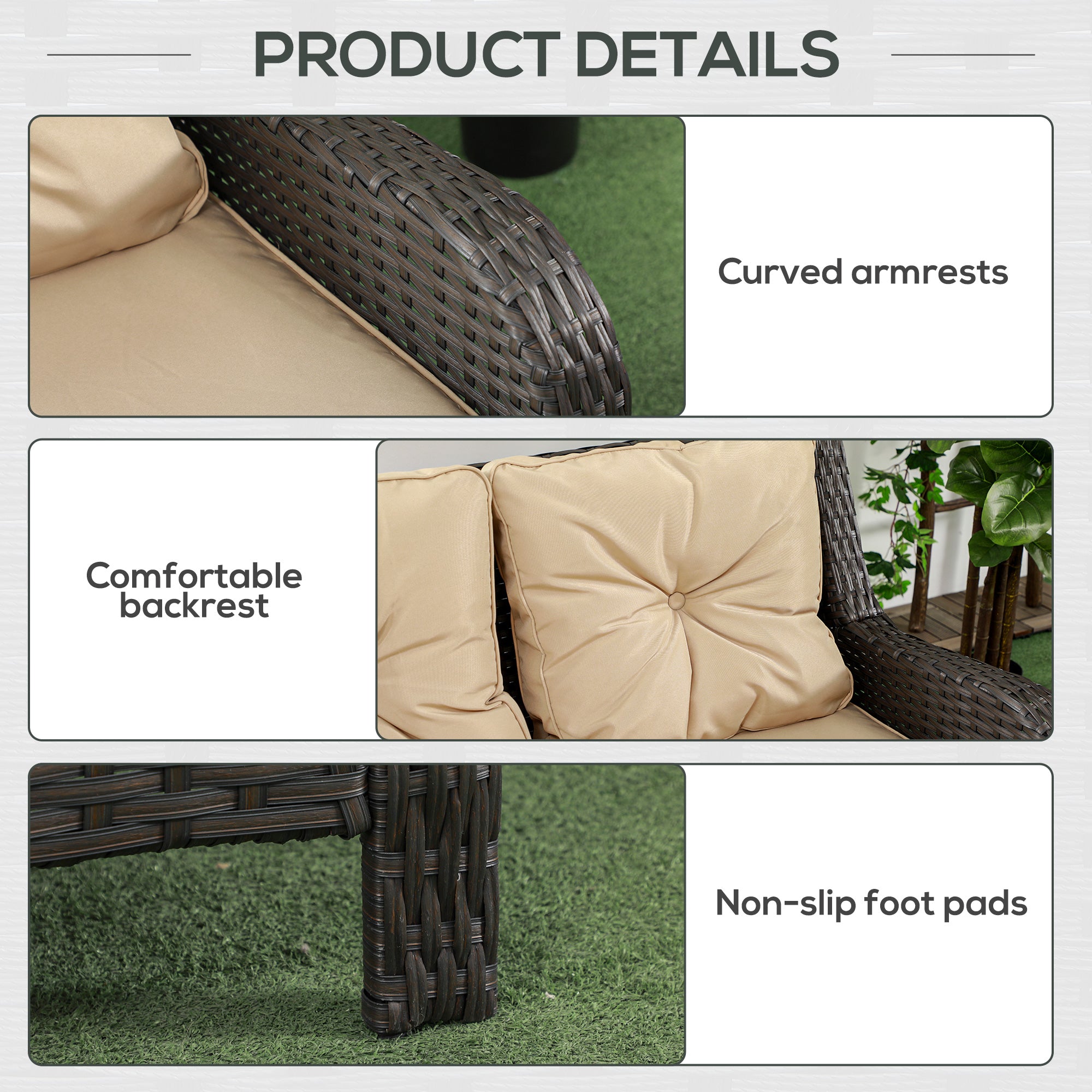 Outsunny 3-Seater Outdoor Sofa w/ 4" Thick Cushions, Outdoor Couch, Beige