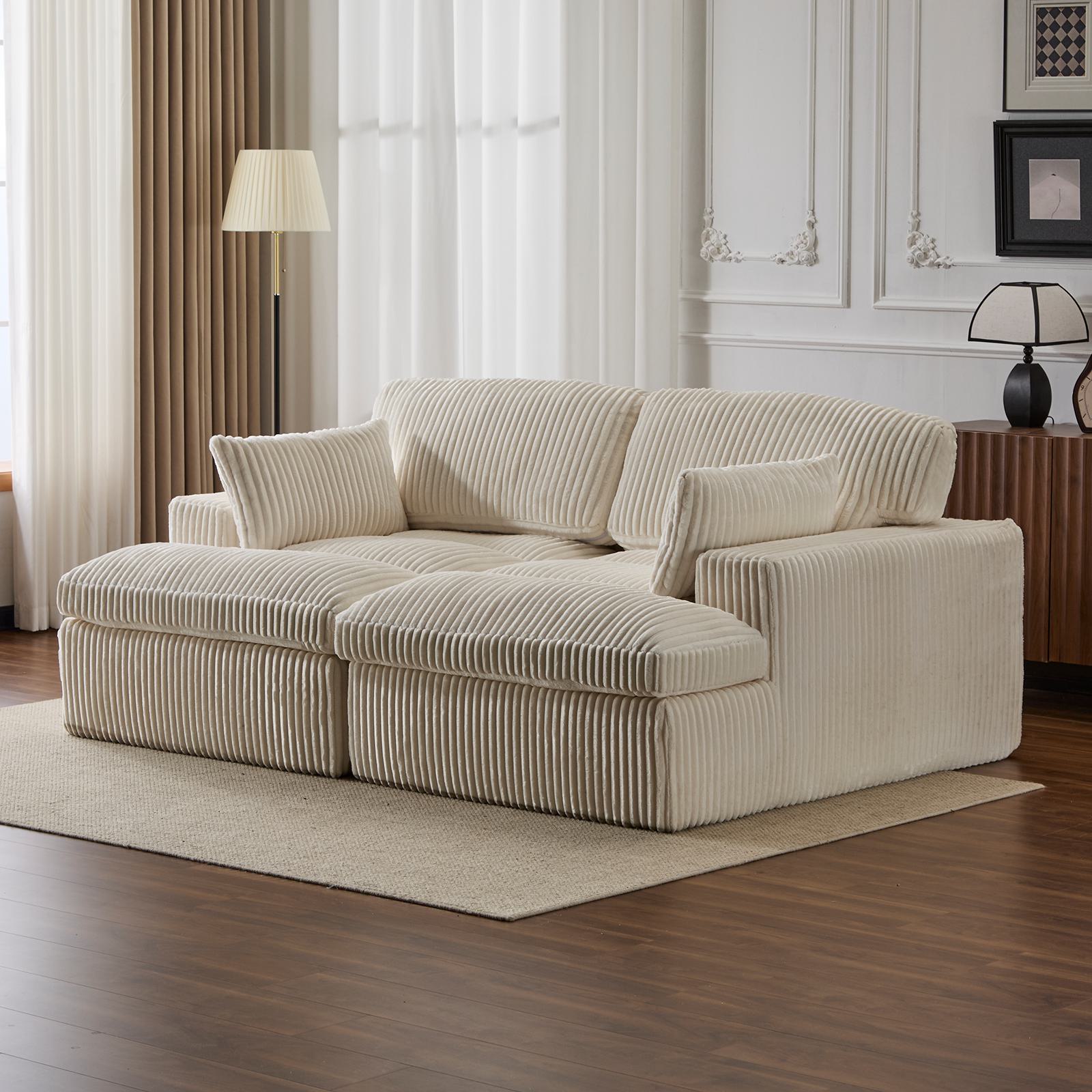 Deep Seat Sofa Double Chaise Lounge Chair with Corduroy Fabric, Compressed Sofa Sectional Loveseat for Apartments, 82.5'' L x 57'' W x 23.5'' H, Grey