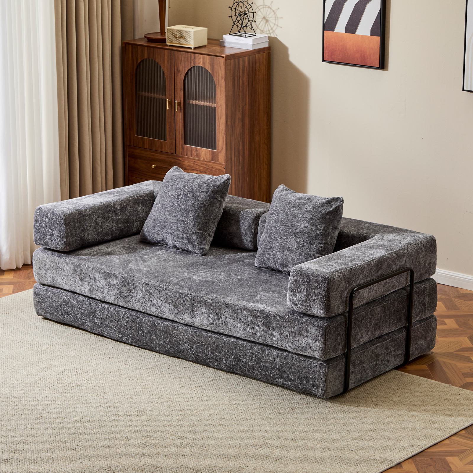 Foldable Sofa Bed Convertible Floor Sofa with Pillow Back Support and Armrest, Compressed Sofa Lounge Sleeper with Chenille Fabric, 77'' L x 37.5'' W x 23.5'' H, Light Blue