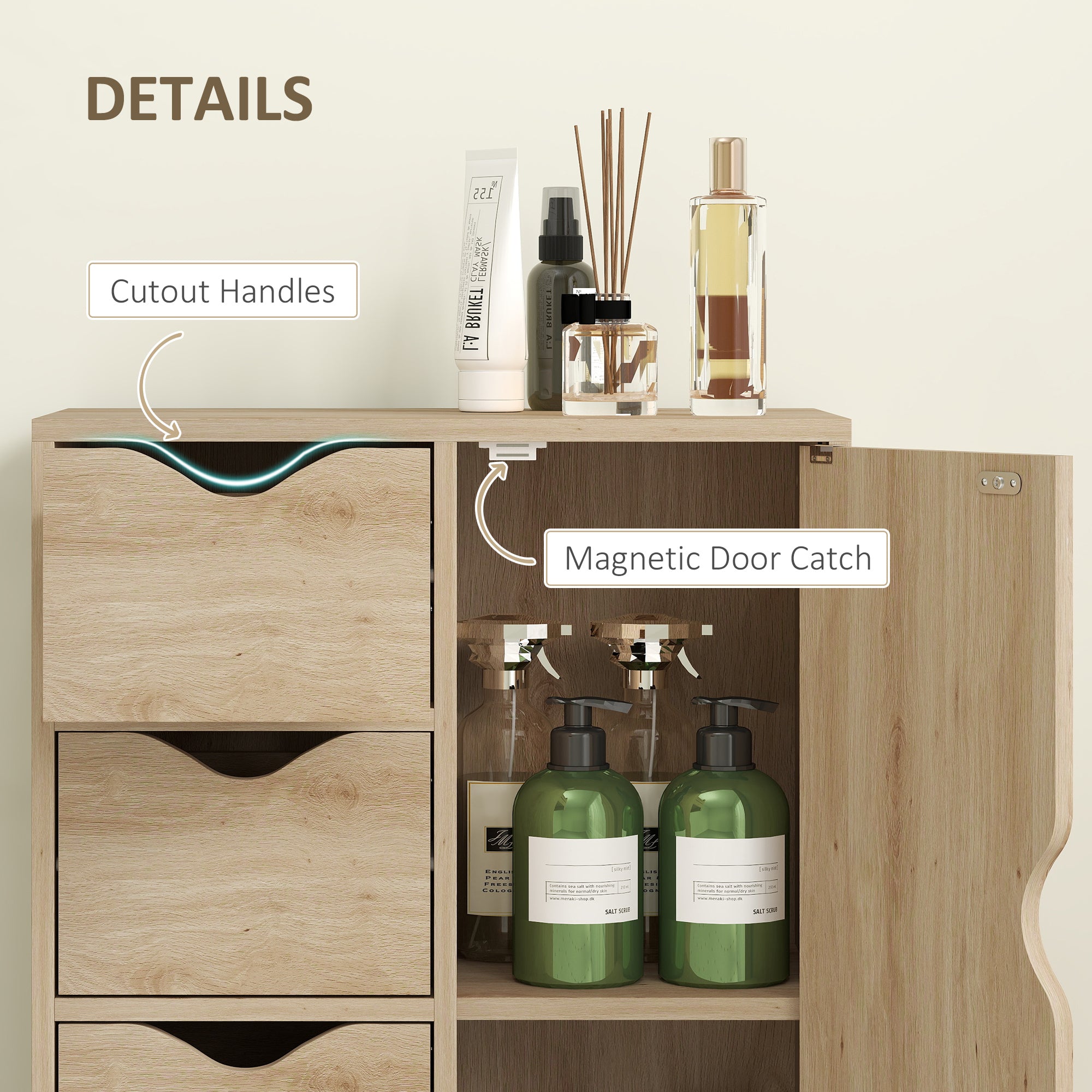 HOMCOM Freestanding Storage Cabinet, Bathroom Floor Cabinet with 4 Drawers and Door, Oak