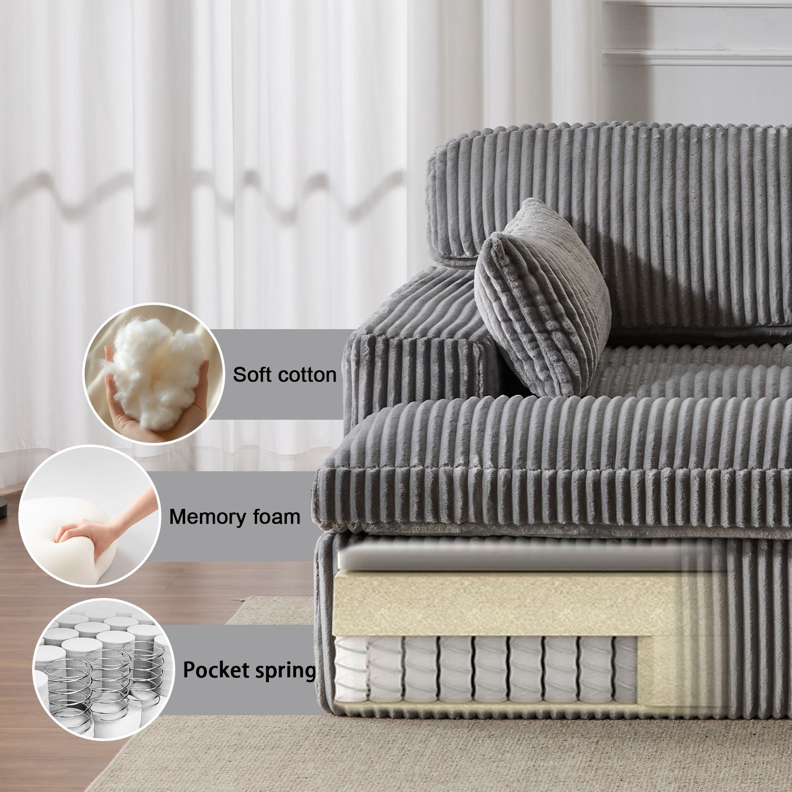 Deep Seat Sofa Double Chaise Lounge Chair with Corduroy Fabric, Compressed Sofa Sectional Loveseat for Apartments, 82.5'' L x 57'' W x 23.5'' H, Grey