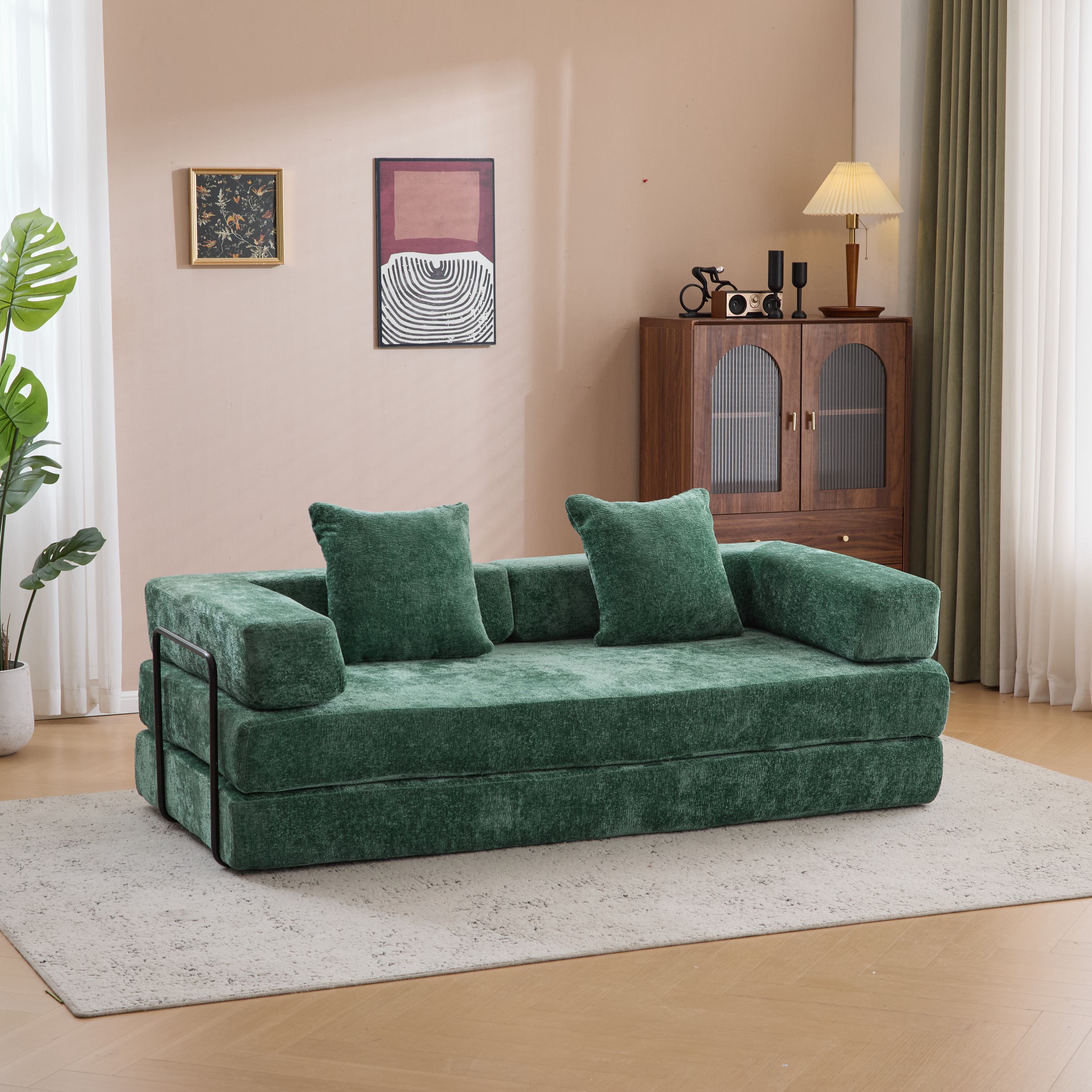 Foldable Sofa Bed Convertible Floor Sofa with Pillow Back Support and Armrest, Compressed Sofa Lounge Sleeper with Chenille Fabric, 77'' L x 37.5'' W x 23.5'' H, Light Blue