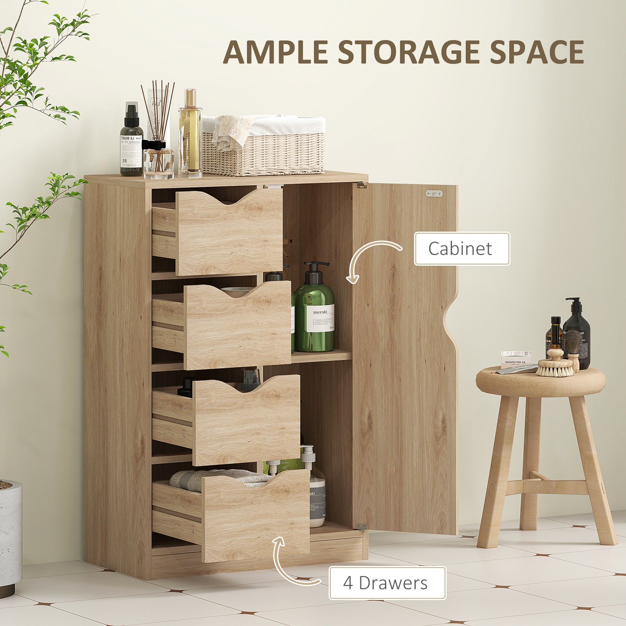 HOMCOM Freestanding Storage Cabinet, Bathroom Floor Cabinet with 4 Drawers and Door, Oak
