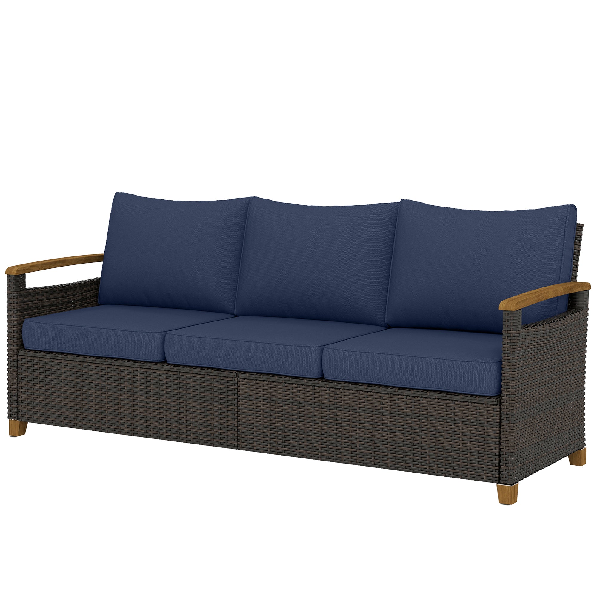 Outsunny 3 Seater Outdoor Couch Sofa, PE Wicker Patio Sofa, Wide Deep Seat, 4" Cushions, Wood-Effect Armrests Legs, Gray