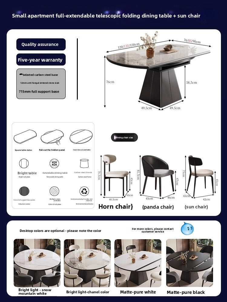 Italian light luxury small apartment retractable folding rock slab dining table household square and round dual-purpose dining chair combination dining table