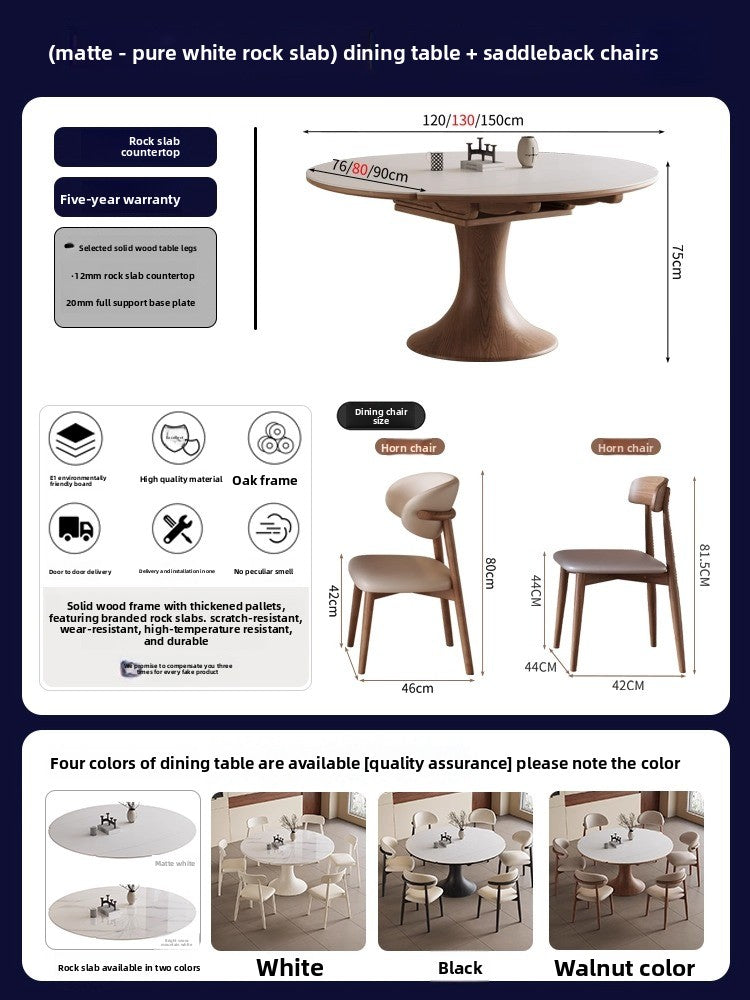 Square and round dual-purpose retractable rock slab dining table, simple modern large and small apartment dining chair combination restaurant, solid wood household dining table