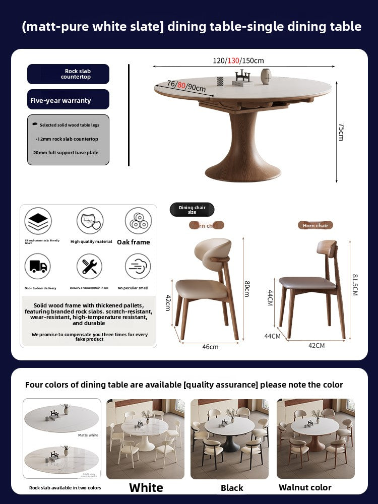 Square and round dual-purpose retractable rock slab dining table, simple modern large and small apartment dining chair combination restaurant, solid wood household dining table
