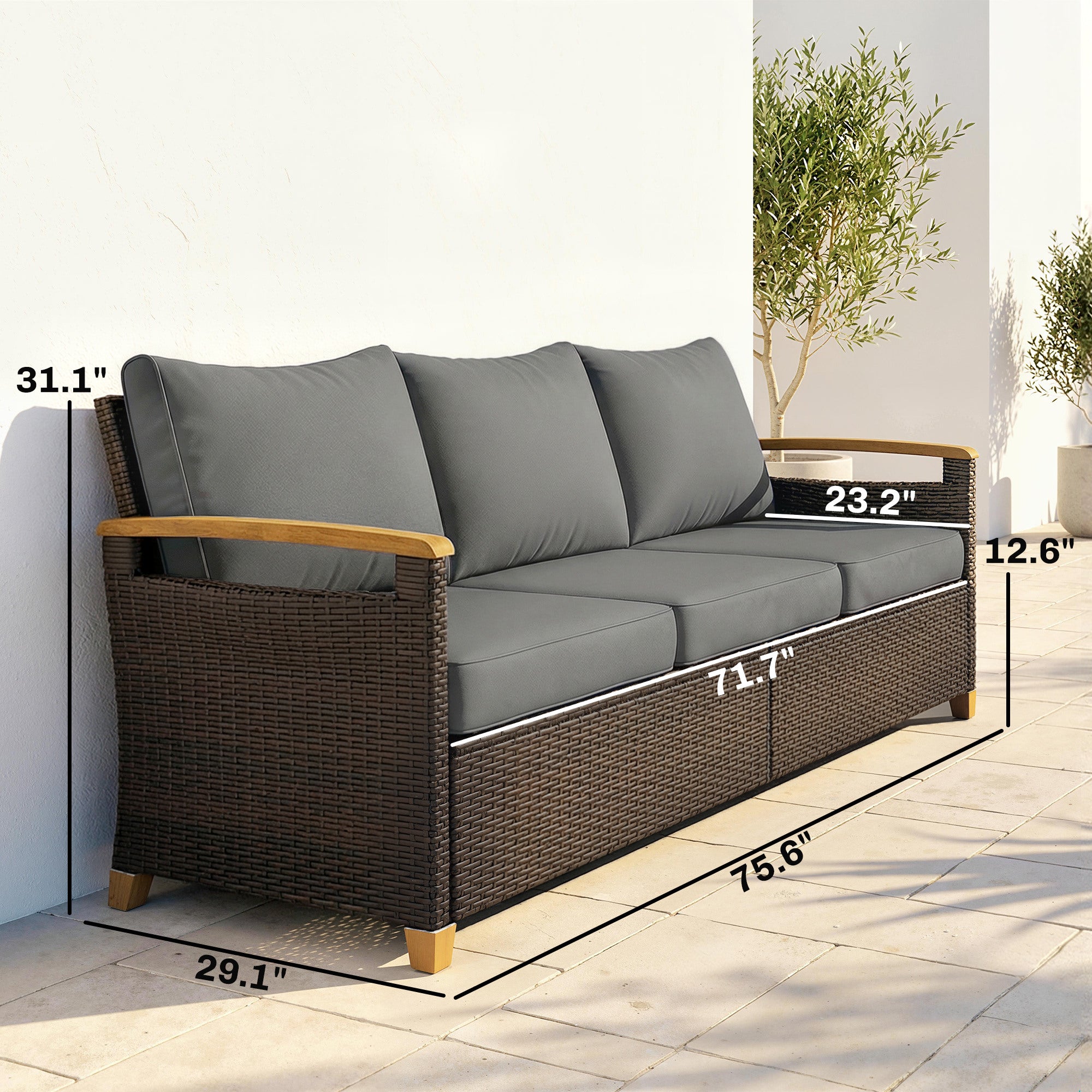 Outsunny 3 Seater Outdoor Couch Sofa, PE Wicker Patio Sofa, Wide Deep Seat, 4" Cushions, Wood-Effect Armrests Legs, Gray