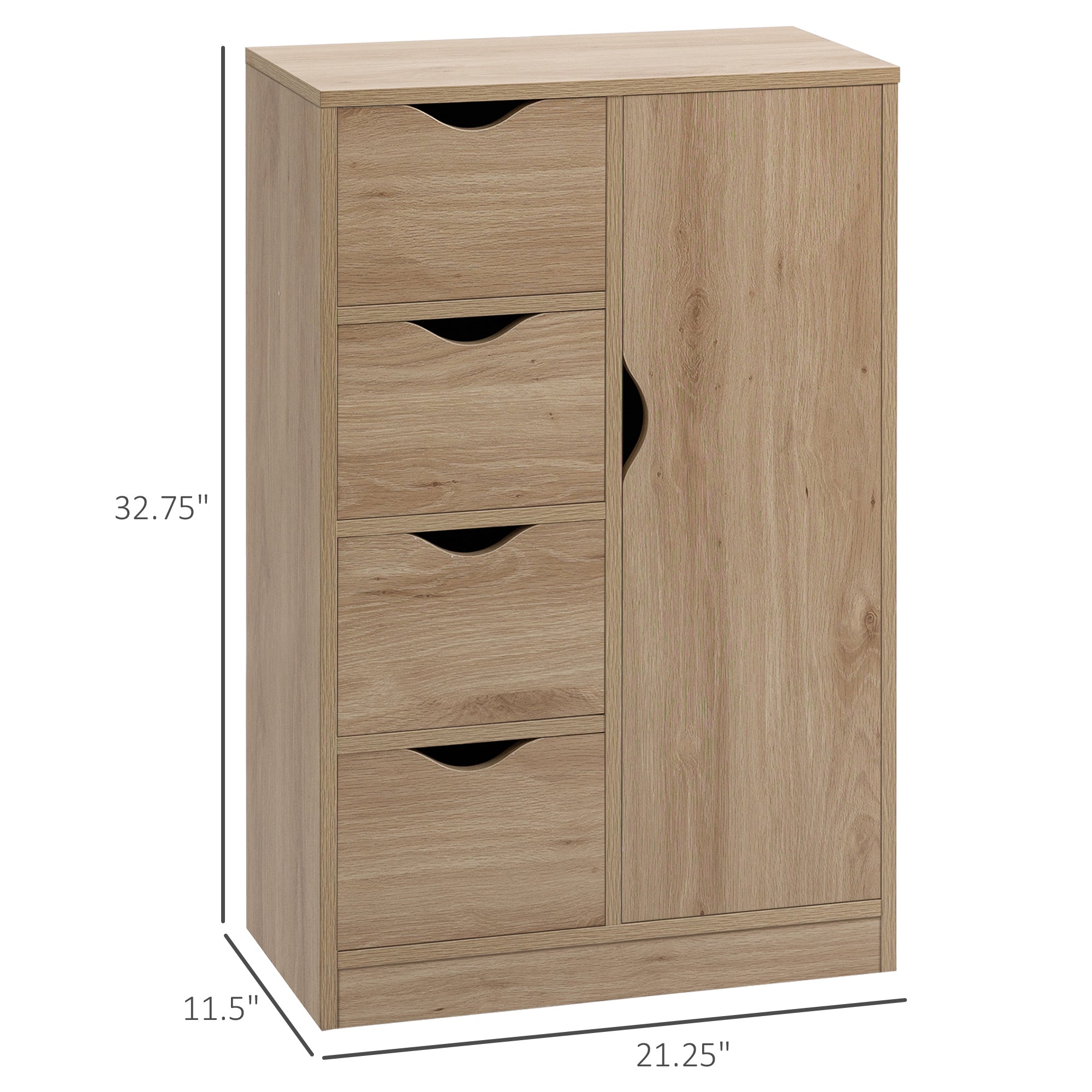 HOMCOM Freestanding Storage Cabinet, Bathroom Floor Cabinet with 4 Drawers and Door, Oak